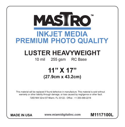 MASTRO 11x17" Photographic Cut Sheet Paper Lustre 100 per box 255 gsm